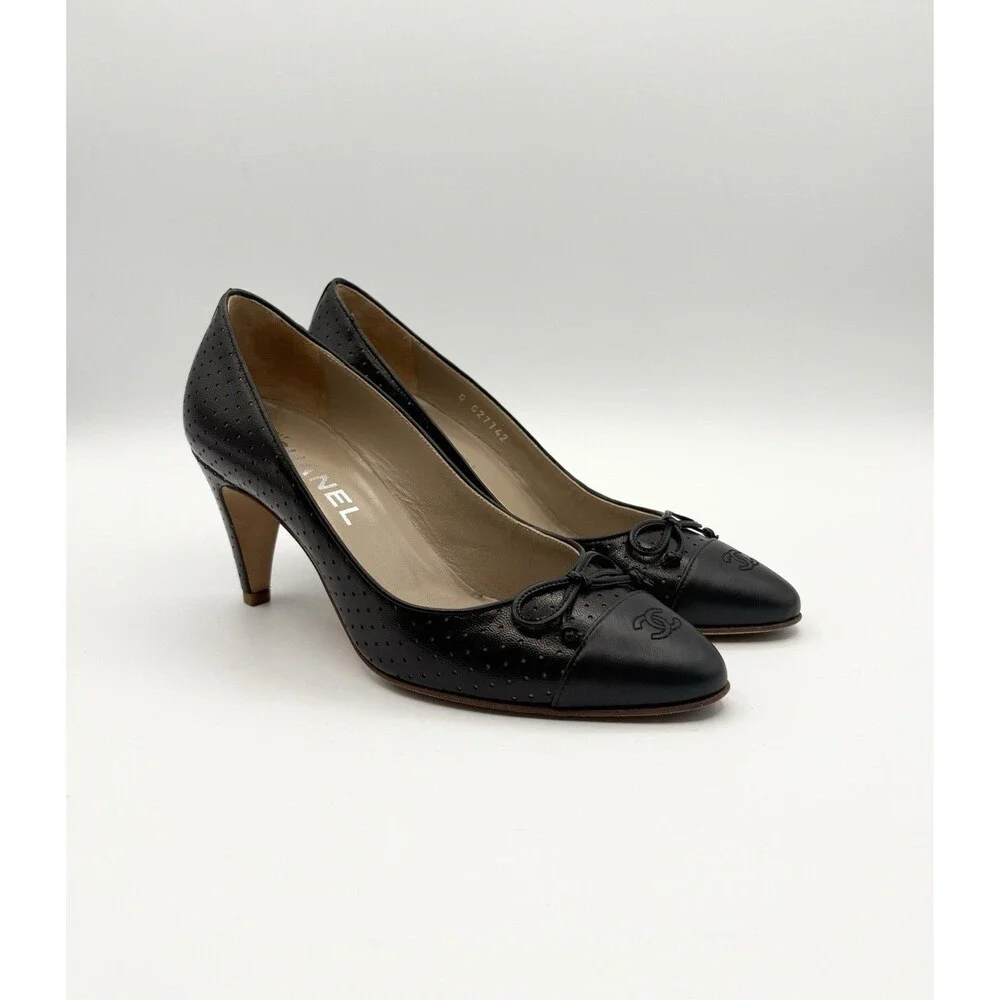 Chanel Black Perforated Leather Heels w/ CC Cap Toe & Bow Accent Size EU 36.5